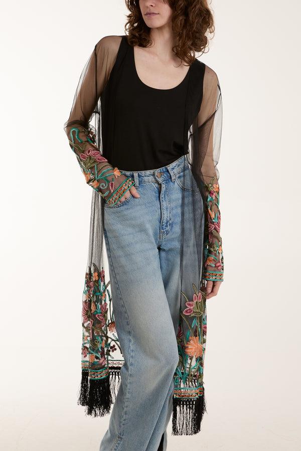 Qed London Longline Mesh Embroidered Tassel Kaftan