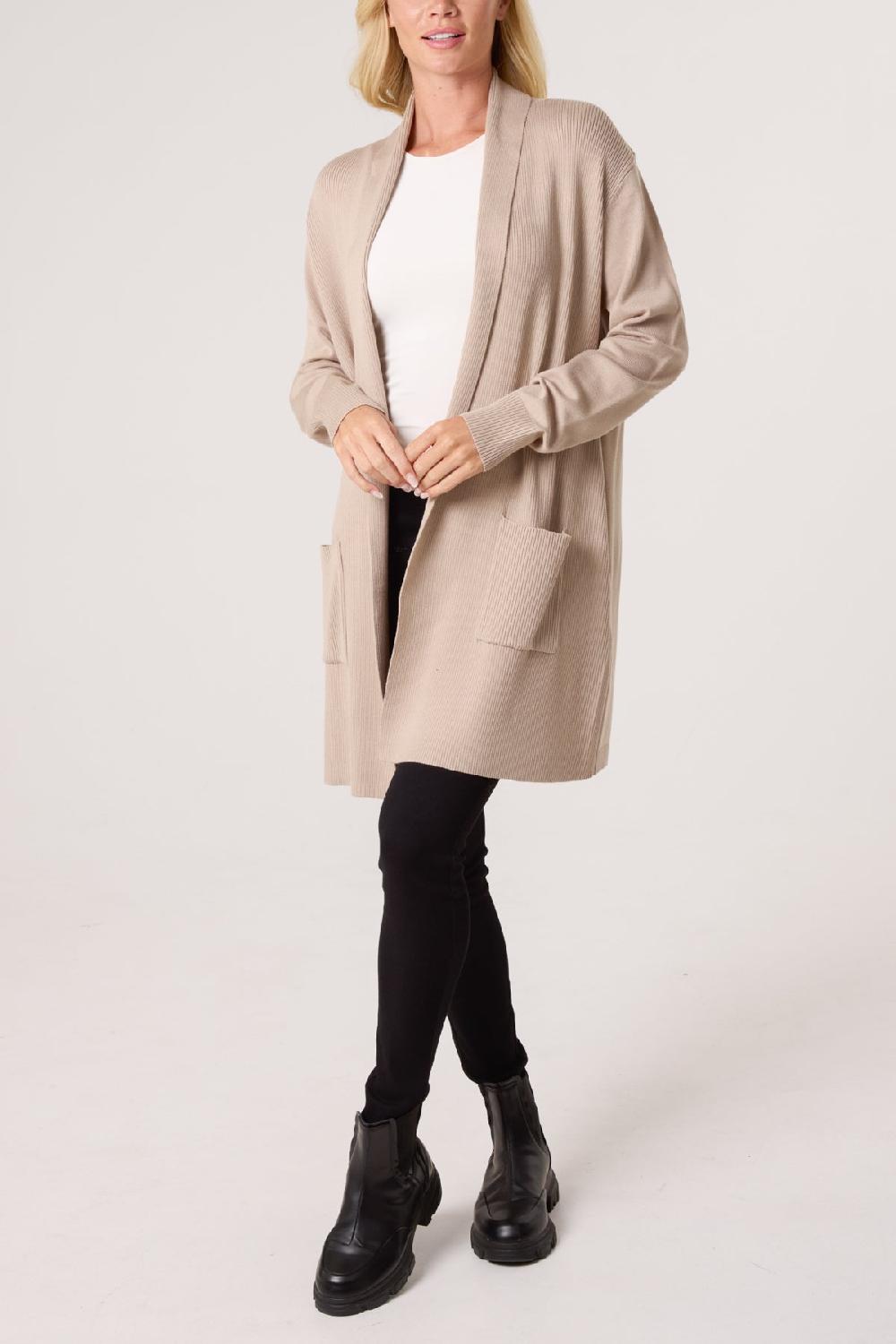 Qed London Longline Pockets Ribbed Knit Cardigan