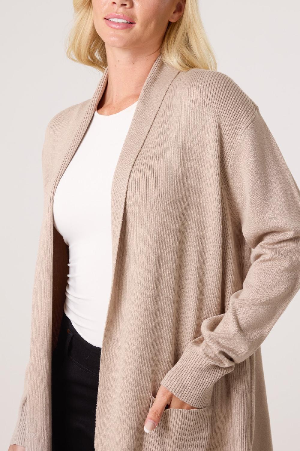 Qed London Longline Pockets Ribbed Knit Cardigan