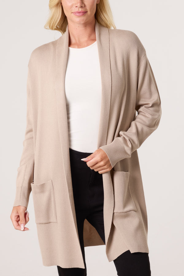 qed london Longline Pockets Ribbed Knit Cardigan