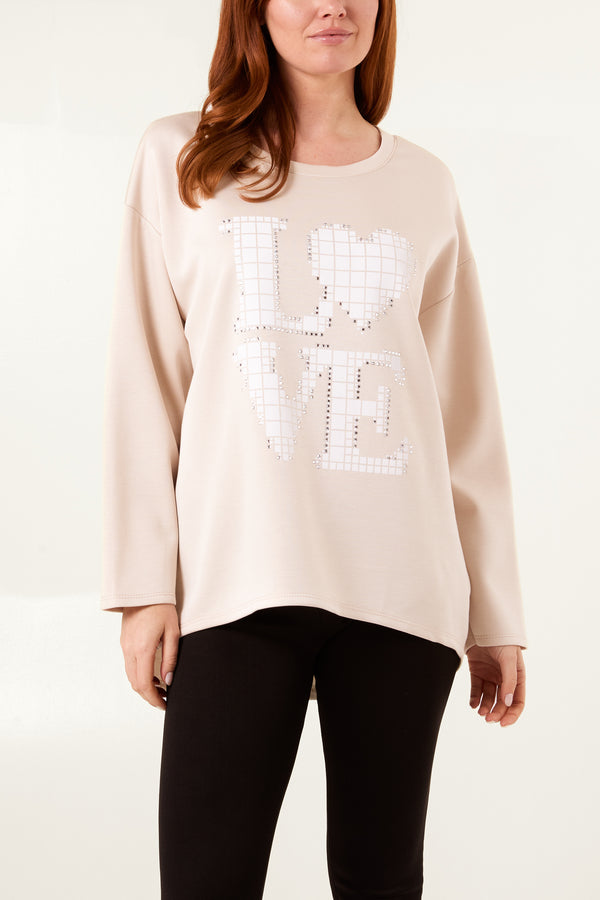 qed london "Love" Diamante Soft Touch Sweat Top