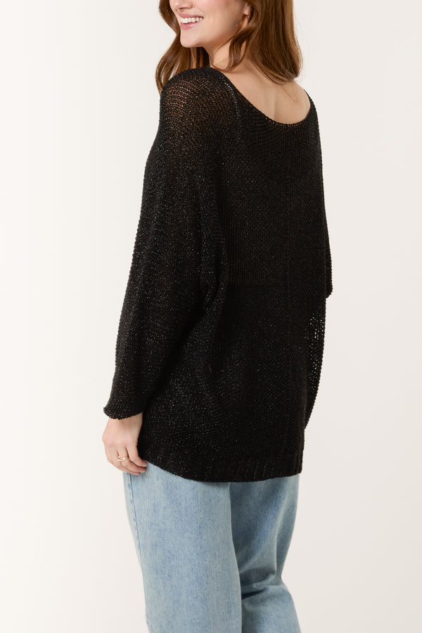 Qed London Lurex V-Neck 3/4 Sleeve Crochet Jumper
