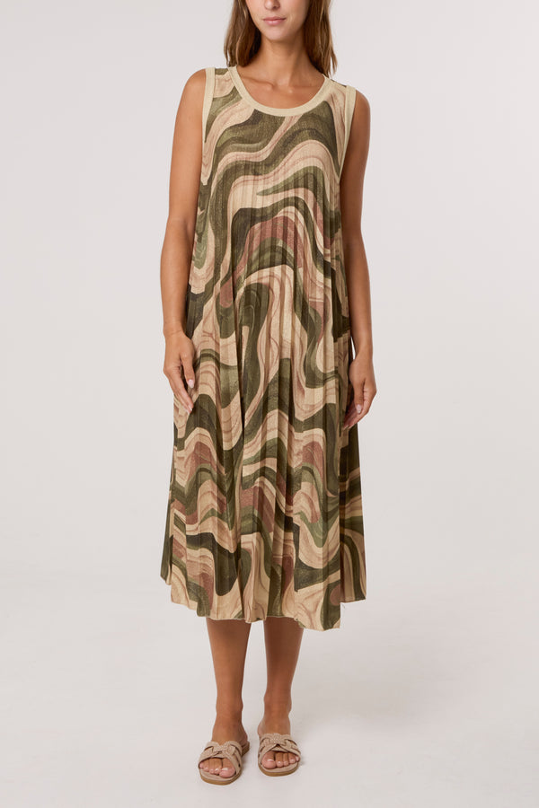 Qed London Lurex Wave Print Pleated Dress