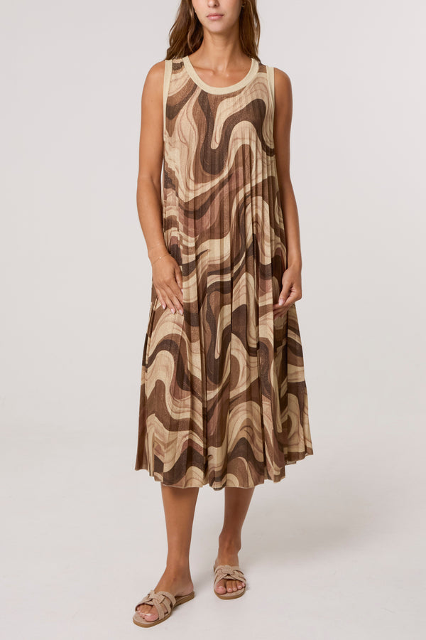 Qed London Lurex Wave Print Pleated Dress