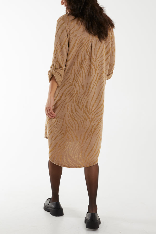 Qed London Lurex Zebra Pattern Knitted Shirt Dress