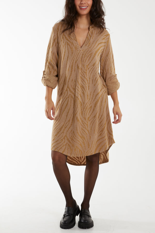 qed london Lurex Zebra Pattern Knitted Shirt Dress