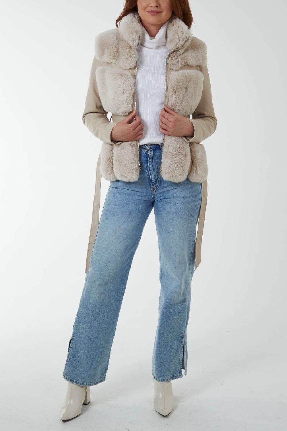 Qed London Luxury Faux Fur Panelled PU Jacket