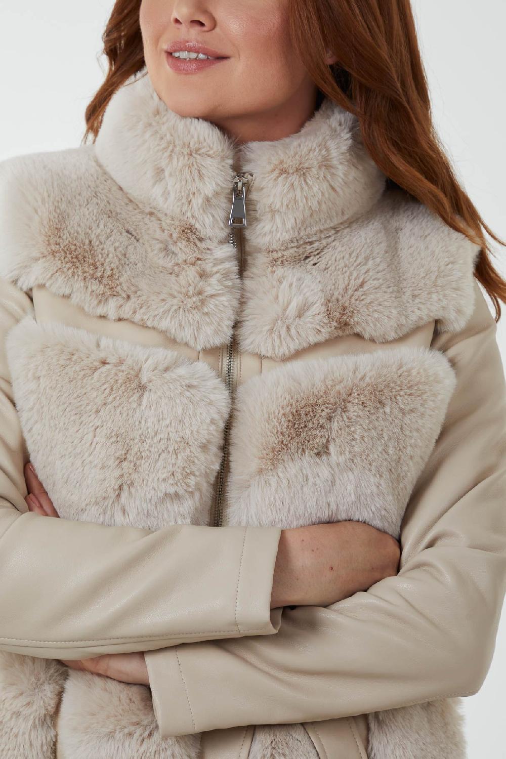 Qed London Luxury Faux Fur Panelled PU Jacket