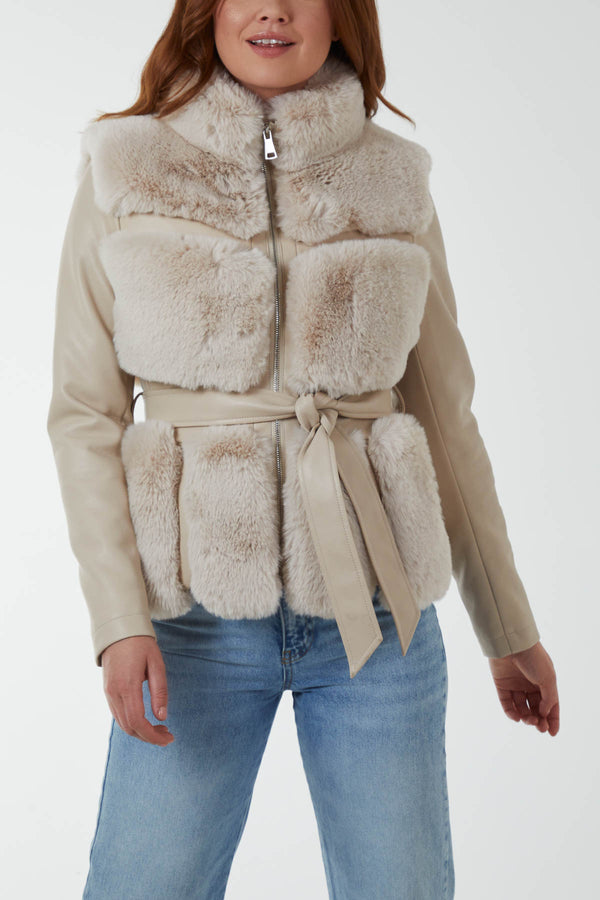 qed london Luxury Faux Fur Panelled PU Jacket