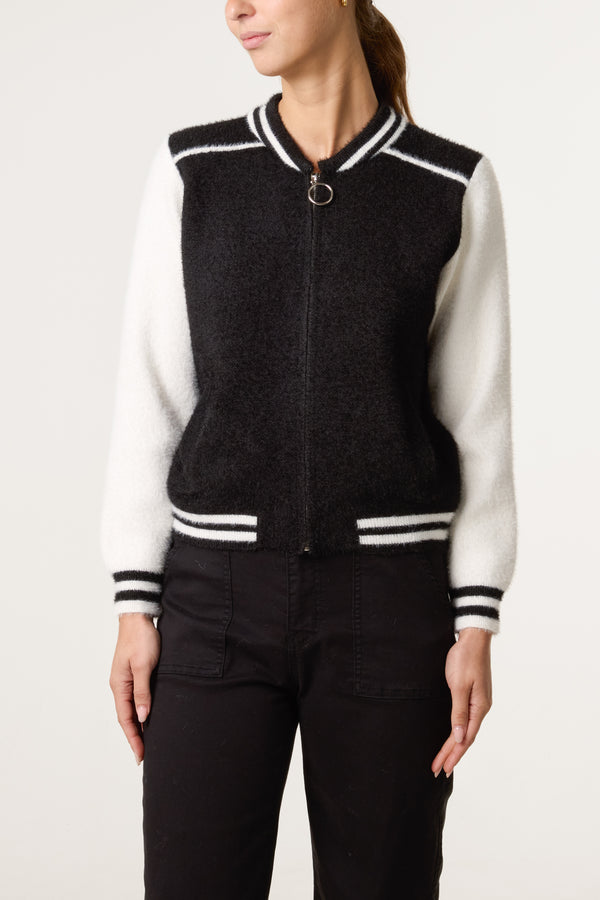 qed london Luxury Knit Zip-Up Bomber Jacket