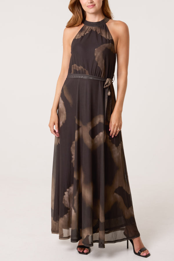Qed London Mesh Halterneck Belted Maxi Dress