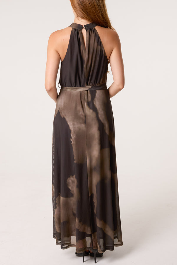 Qed London Mesh Halterneck Belted Maxi Dress