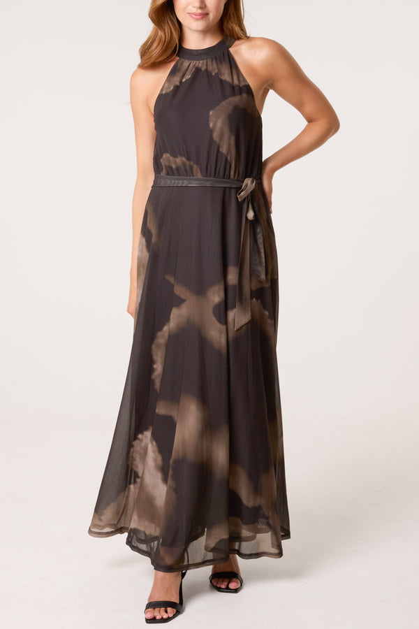 qed london Mesh Halterneck Belted Maxi Dress