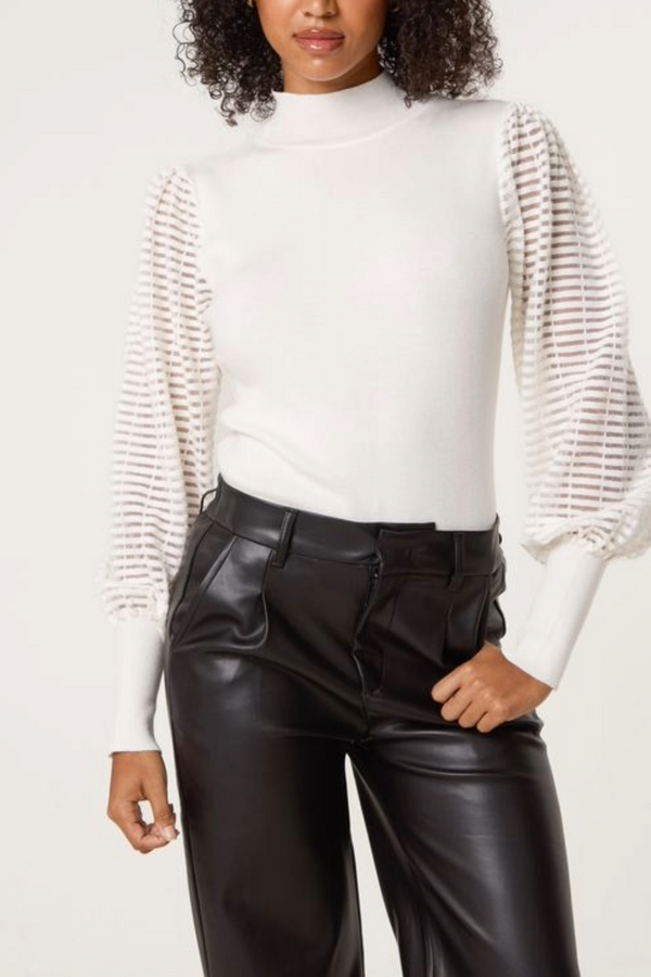 qed london Mesh Sleeve High Neck Knit Top