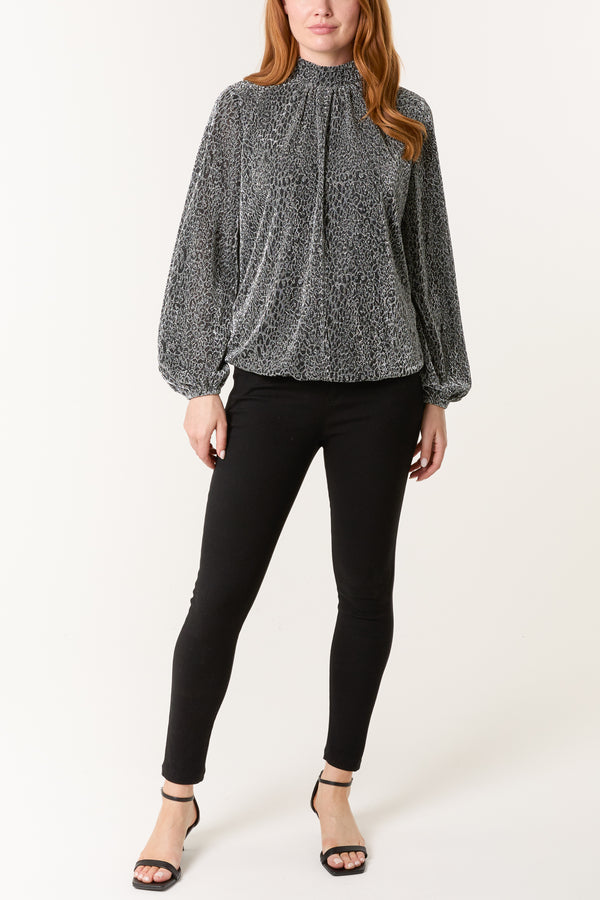 Qed London Metallic Animal High Neck Puffball Top