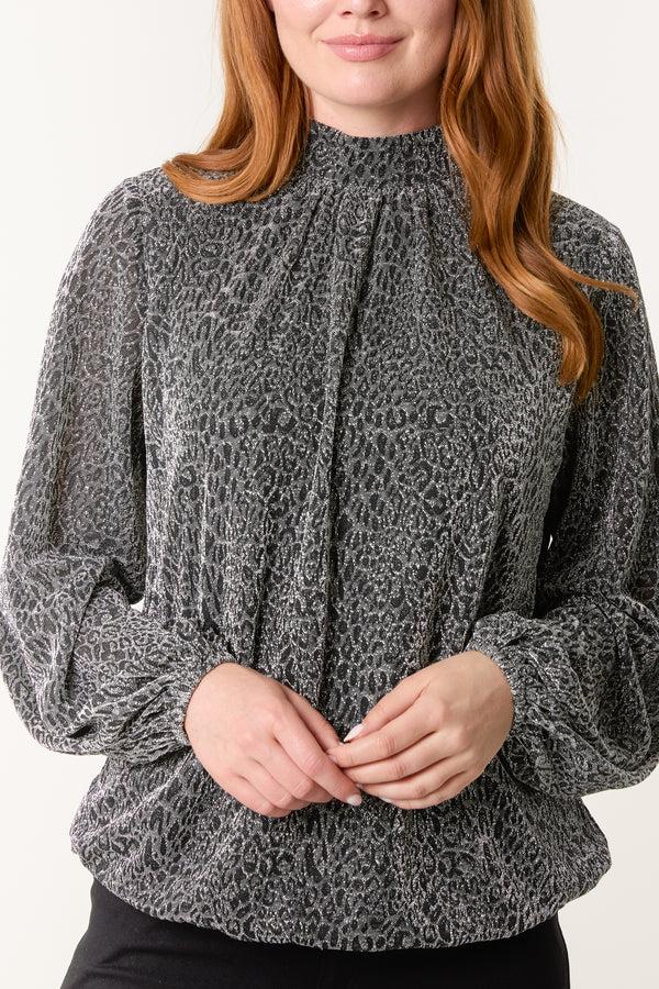 Qed London Metallic Animal High Neck Puffball Top