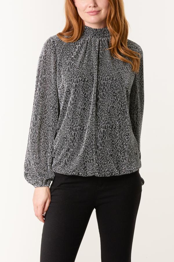 qed london Metallic Animal High Neck Puffball Top