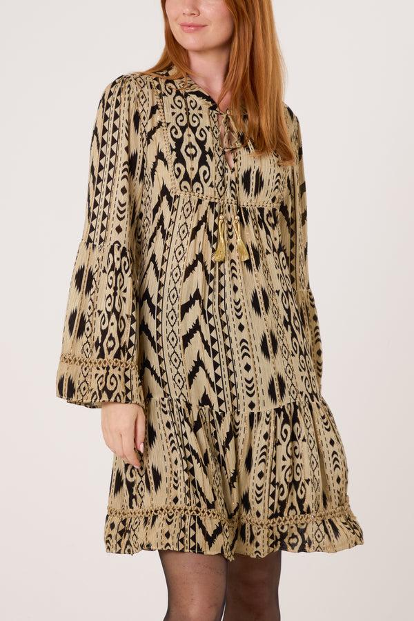 Qed London Metallic Aztec Tassel Mini Smock Dress