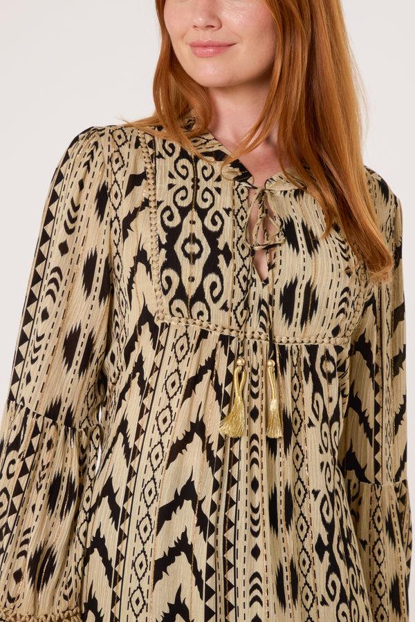 Qed London Metallic Aztec Tassel Mini Smock Dress