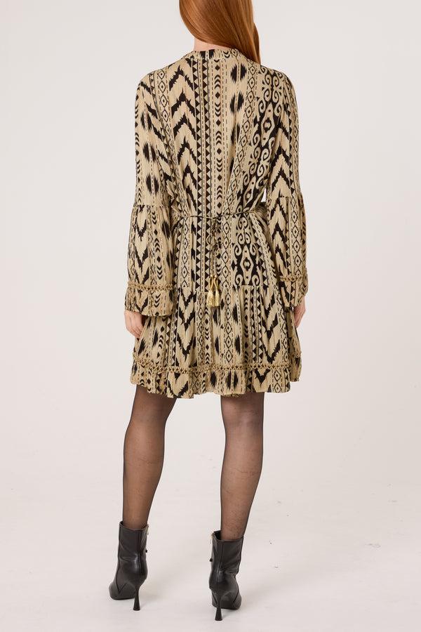 Qed London Metallic Aztec Tassel Mini Smock Dress