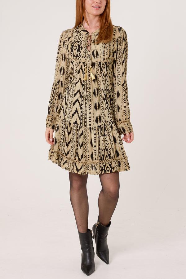 qed london Metallic Aztec Tassel Mini Smock Dress