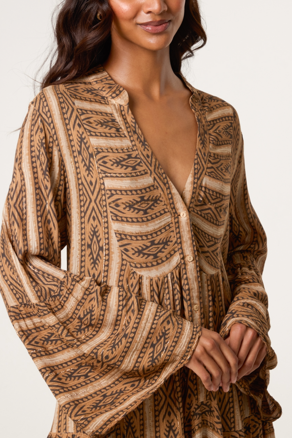 Qed London Metallic Aztec Tunic Long Dress