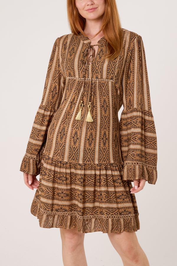 Qed London Metallic Aztec Tunic Tassel Dress