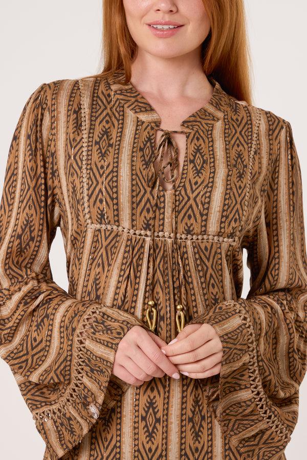 Qed London Metallic Aztec Tunic Tassel Dress