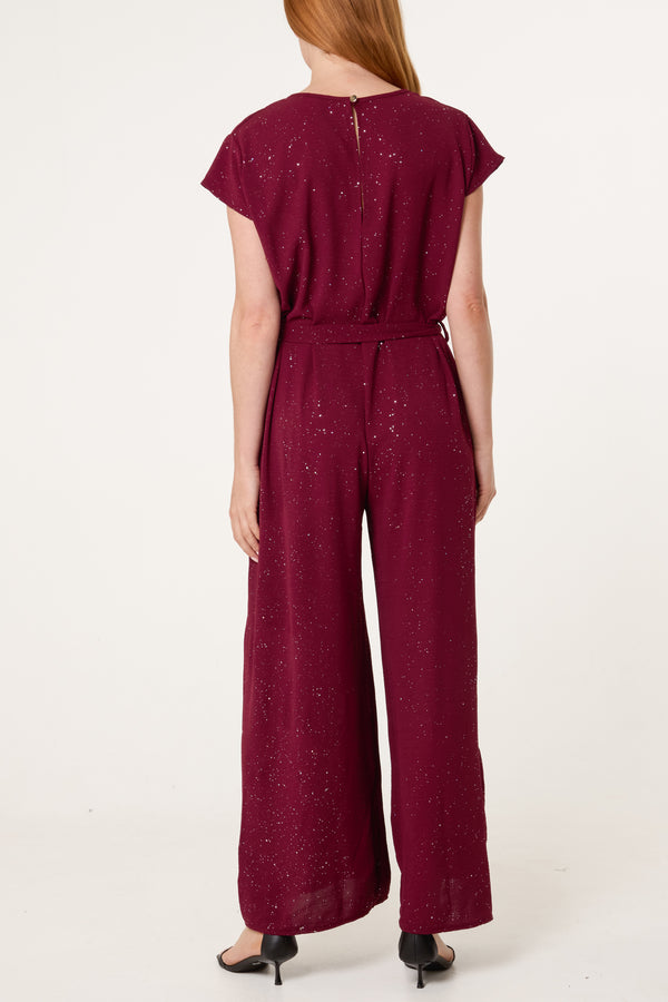 Qed London Metallic Glitter Belted Long Jumpsuit