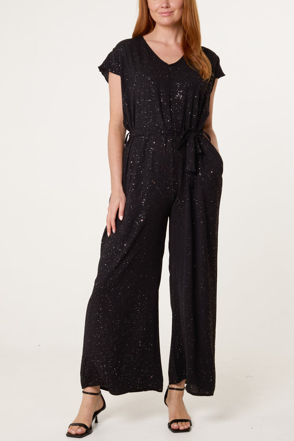 Qed London Metallic Glitter Belted Long Jumpsuit
