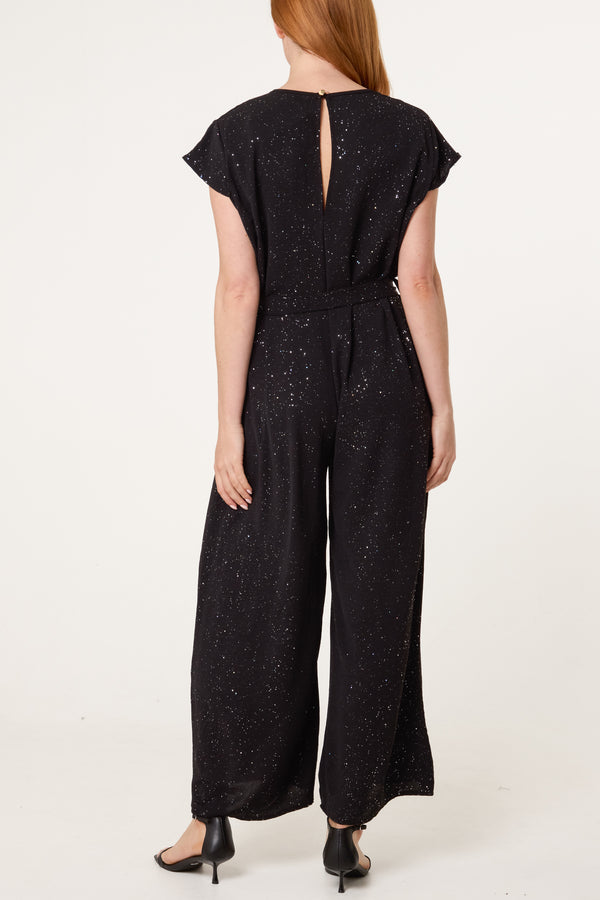 Qed London Metallic Glitter Belted Long Jumpsuit
