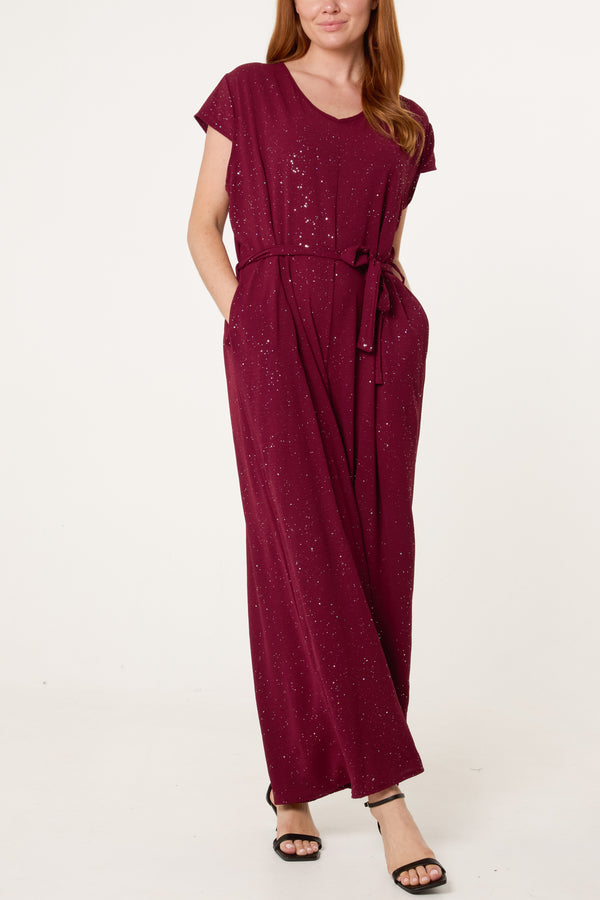 qed london Metallic Glitter Belted Long Jumpsuit
