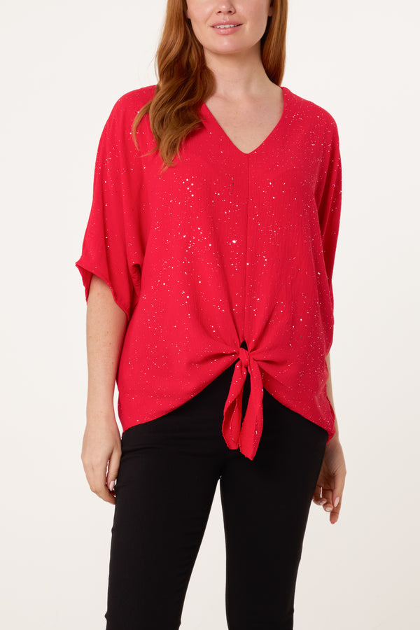 Qed London Metallic Glitter Front Knot Top