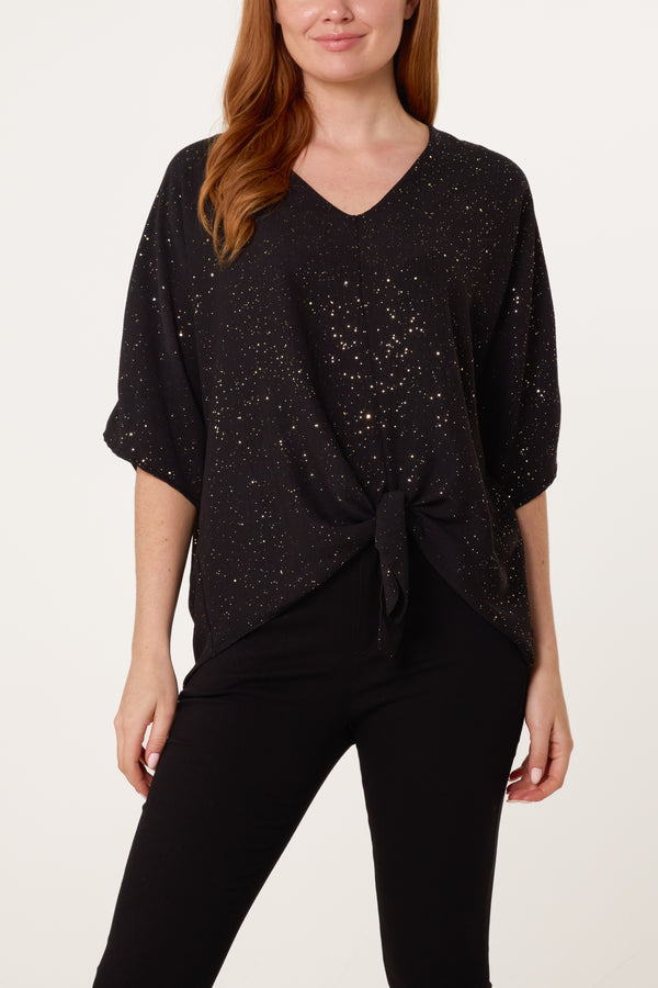 qed london Metallic Glitter Front Knot Top