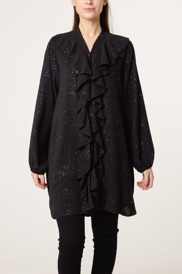 Qed London Metallic Glitter Ruffle Blouse