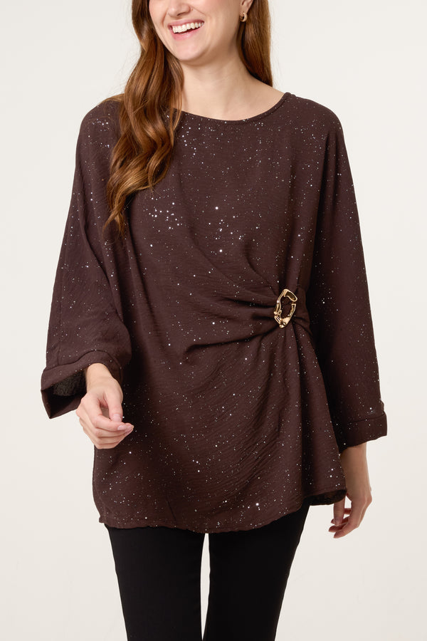 Qed London Metallic Glitter Side Gathered Blouse