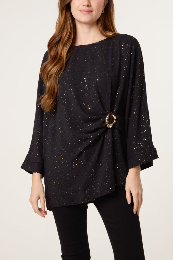 qed london Metallic Glitter Side Gathered Blouse