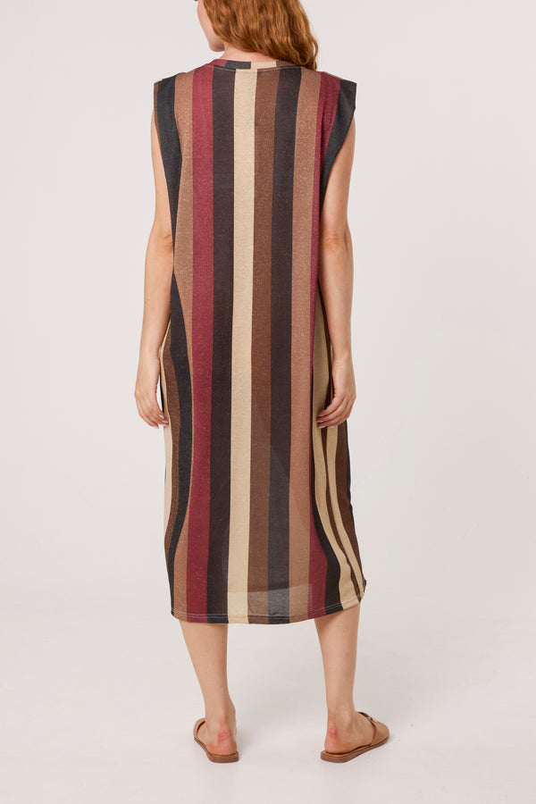 Qed London Metallic Knit Multi Stripe Midi Dress