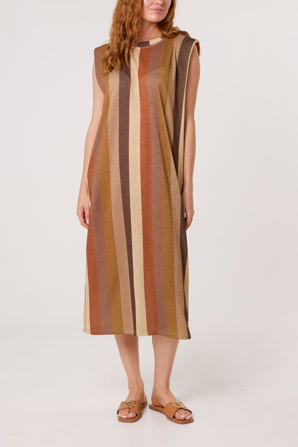 Qed London Metallic Knit Multi Stripe Midi Dress