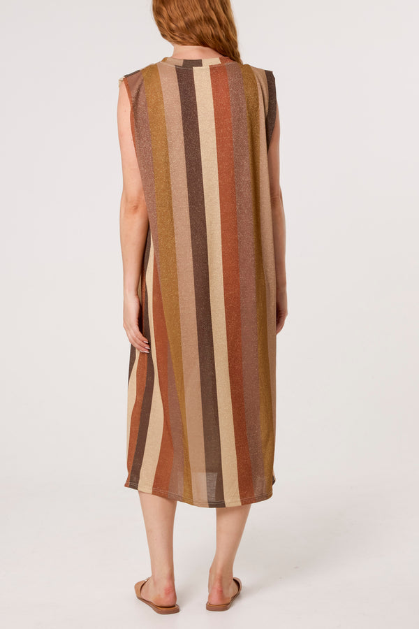 Qed London Metallic Knit Multi Stripe Midi Dress