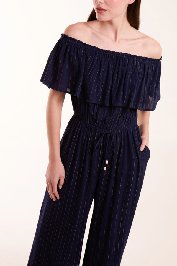 Qed London Metallic Striped Bardot Jumpsuit