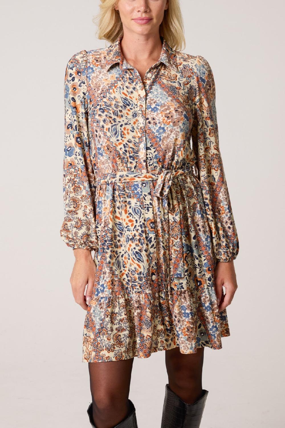 Qed London Mix Print Belted Mini Shirt Dress