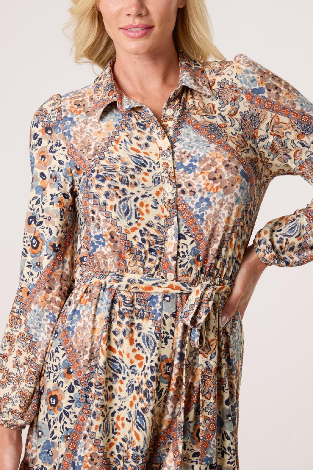 Qed London Mix Print Belted Mini Shirt Dress