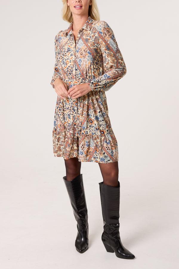 qed london Mix Print Belted Mini Shirt Dress