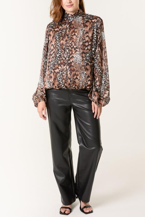 Qed London Mixed Animal Print Bubble Hem Blouse