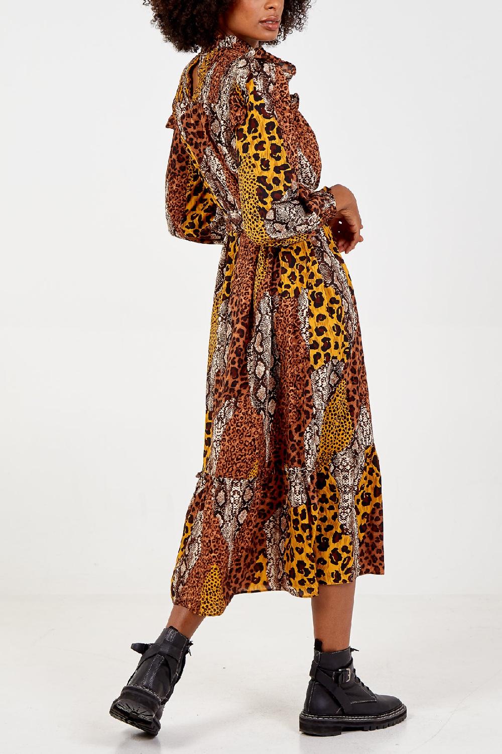 Qed London Mixed Animal Print Frilled Maxi Dress