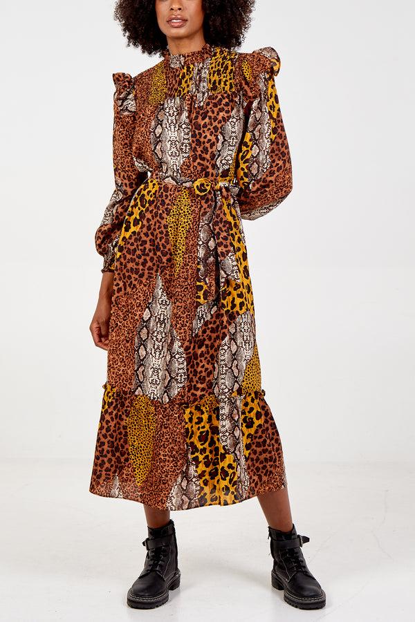 Qed London Mixed Animal Print Frilled Maxi Dress