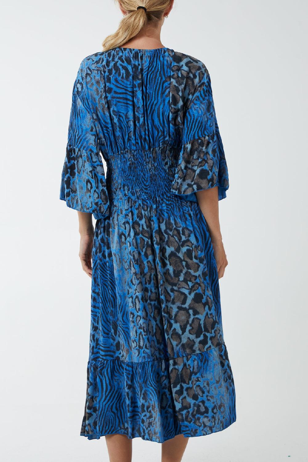 Qed London Mixed Animal Print Shirred Midi Dress