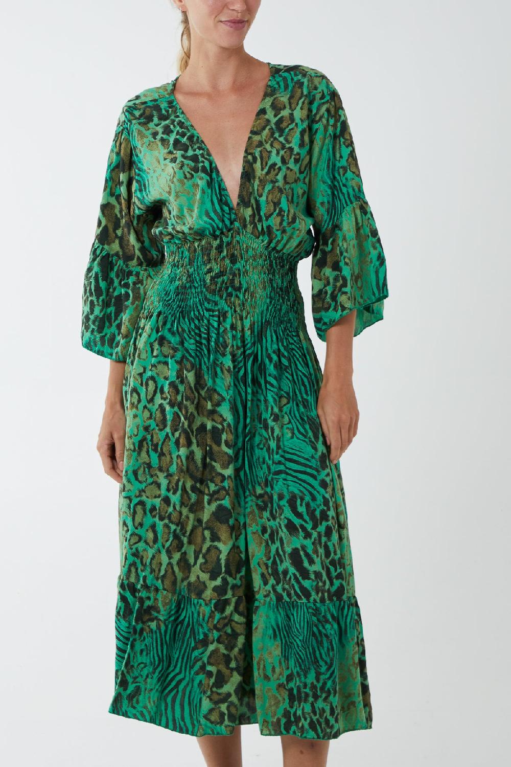 Qed London Mixed Animal Print Shirred Midi Dress