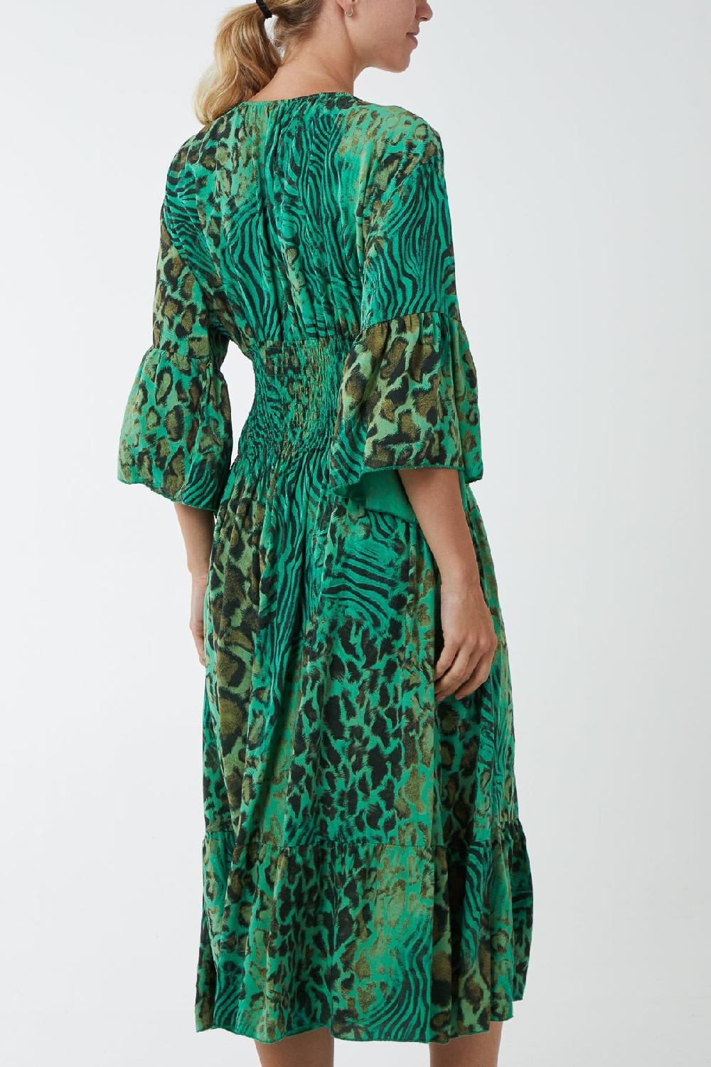 Qed London Mixed Animal Print Shirred Midi Dress